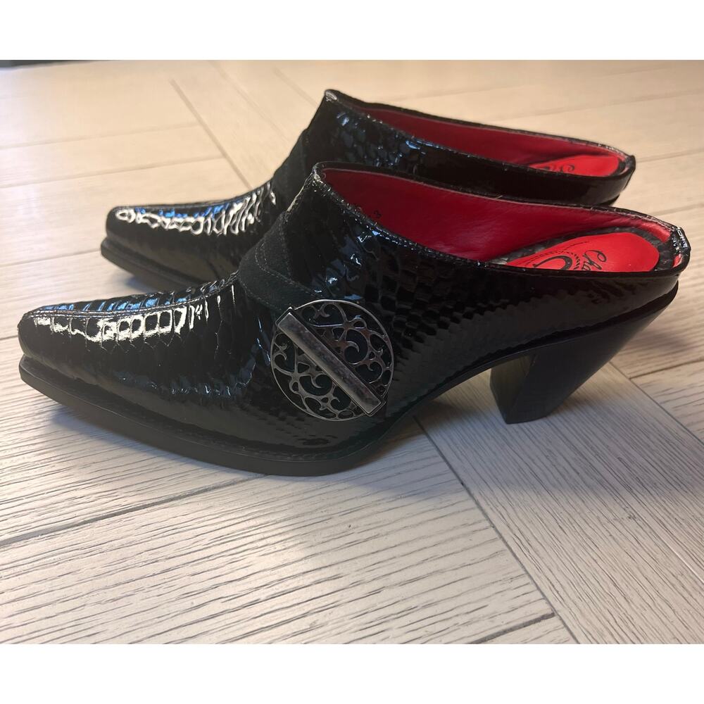 Lucchese Black and Silver Mules with Western Heel